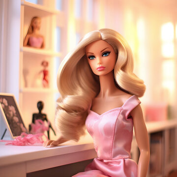 Plastic doll - thin, beautiful and sassy blond with long hair - in her domestic surroundings. Generative AI.