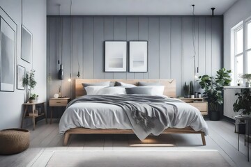a Scandinavian bedroom using a monochromatic gray color scheme 
