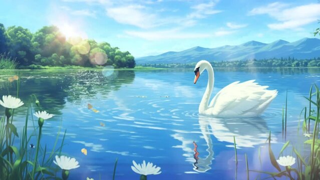 beautiful swan floating on the lake background in anime illustration style, 4K animation