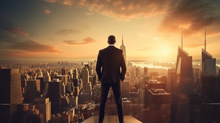 Business person standing on top building at sunset. generative ai