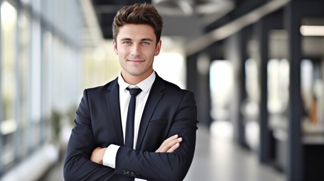 Portrait of a successful boss, a young businessman in spectacles and a business suit smiling at the camera, working inside a modern office building. generative ai