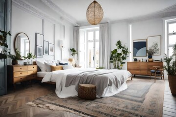 a Scandinavian bedroom with a mix of antique and modern pieces for an eclectic look 