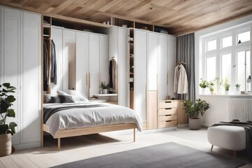 a Scandinavian bedroom with a built-in wardrobe and plenty of storage solutions 