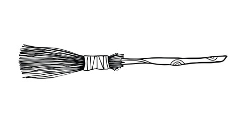 Black silhouette of witch broom. Halloween party. Isolated image of sorceress accessory. Wizard besom