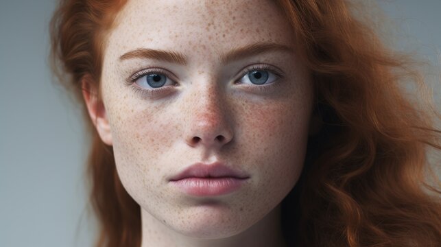 Portrait of the Freckled Woman. Close-up. Stunning girl with black hair and freckles. eye care, skin care, and natural beauty . generative ai