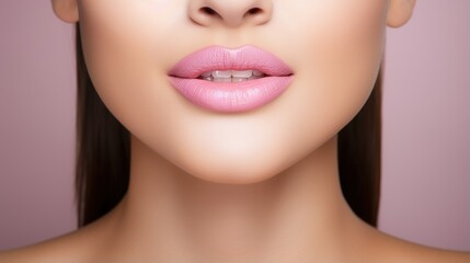 Close-up of a lovely woman's flawless skin care idea, complete with full lips. generative ai