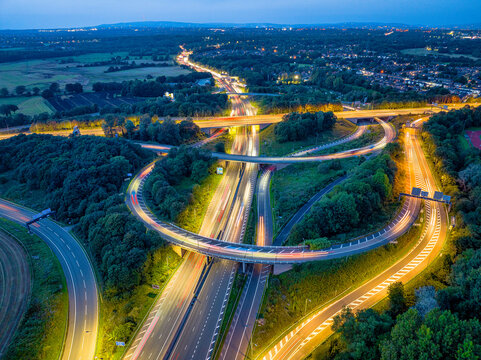 Aerial image over junction 12 intersection of M60 and M62 motorways in Greater Manchester. 