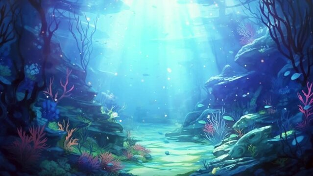 blue underwater fish and corals background in anime illustration style, 4K animation
