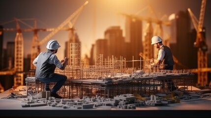 Construction and structure concept of Engineer or architect meeting for project working with partner and engineering tools on model building and blueprint in working site. generative ai