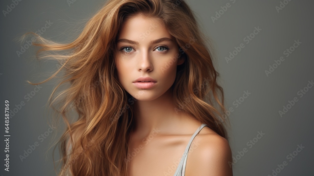 Canvas Prints Portrait of a beautiful young woman and looking at camera isolated on a gray background. skincare and makeup