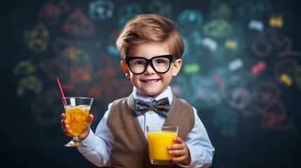 Picture for background a 10-year-old child poses as professor with fresh juice isolated on background