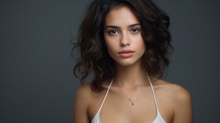 Portrait of a beautiful young woman and looking at camera isolated on a gray background. skincare and makeup
