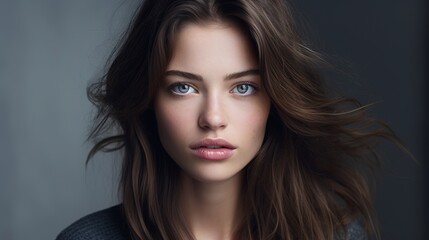 Naklejka premium Portrait of a beautiful young woman and looking at camera isolated on a gray background. skincare and makeup