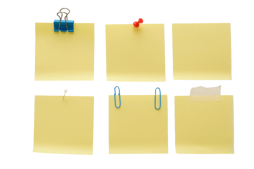 Collection of empty pinned yellow memo papers on a transparent background