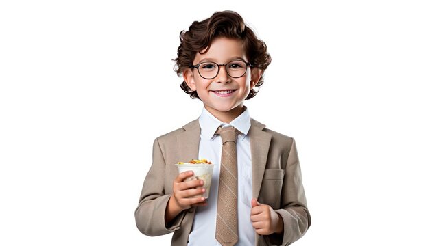 Picture for background a 10-year-old child poses as professor with ice cream isolated on background