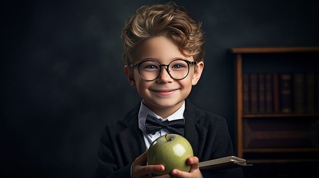 Picture for background a 10-year-old child poses as professor with an apple