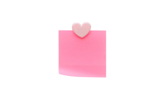 Pink note paper with a heart shape clip. Note with place for text on transparent background