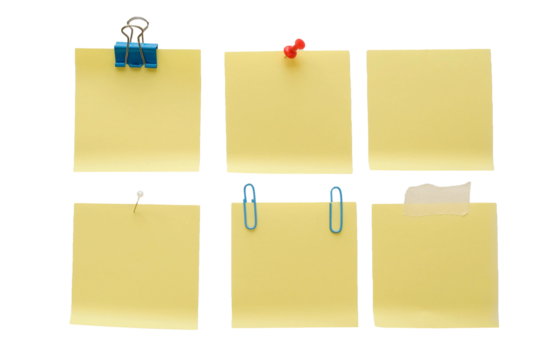 Collection of empty pinned yellow memo papers on a transparent background
