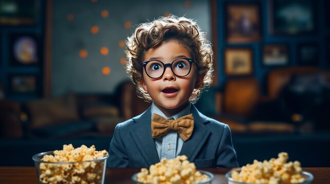 Picture for background a 10-year-old child poses as professor with popcorn