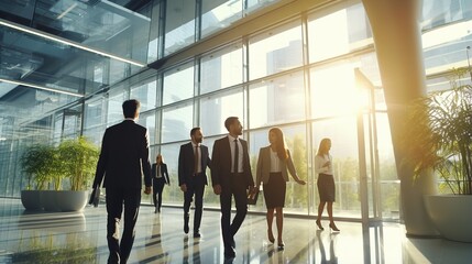 group of people walking in the office building background
