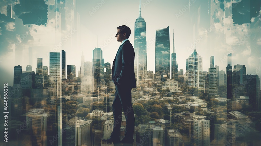 Poster double exposure of people in business are studying and working on the analytics to forecast stock ma