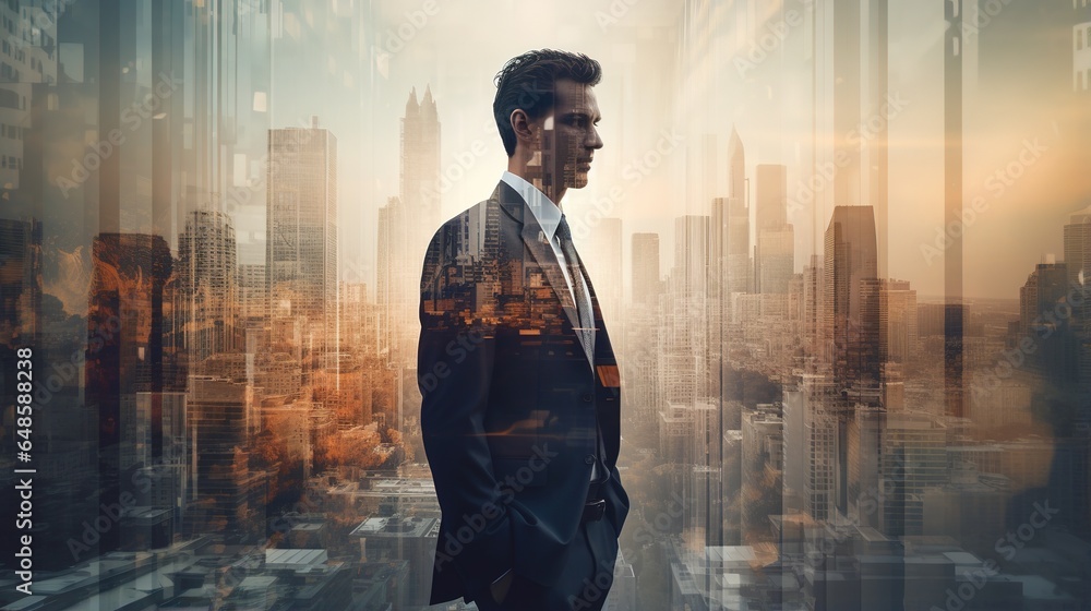 Poster double exposure of people in business are studying and working on the analytics to forecast stock ma