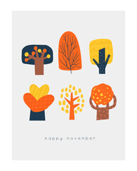 Autumn postcard with cute doodle trees.