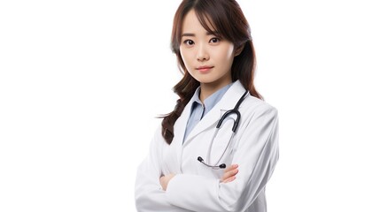 Fototapeta premium Asian female doctor with stethoscope standing on white background. generative ai