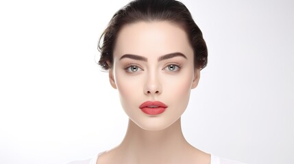 fresh woman face with glossy lipstick and light makeup looking to camera. generative ai