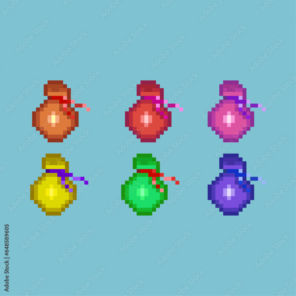 Poster pixel art sets of bag inventory with variation color items asset. simple bits of coin bag saving on 