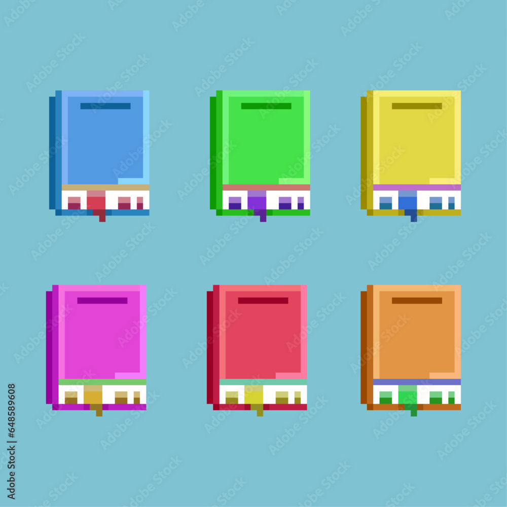 Poster pixel art sets of study book with variation color items asset. simple bits of book on pixelated styl