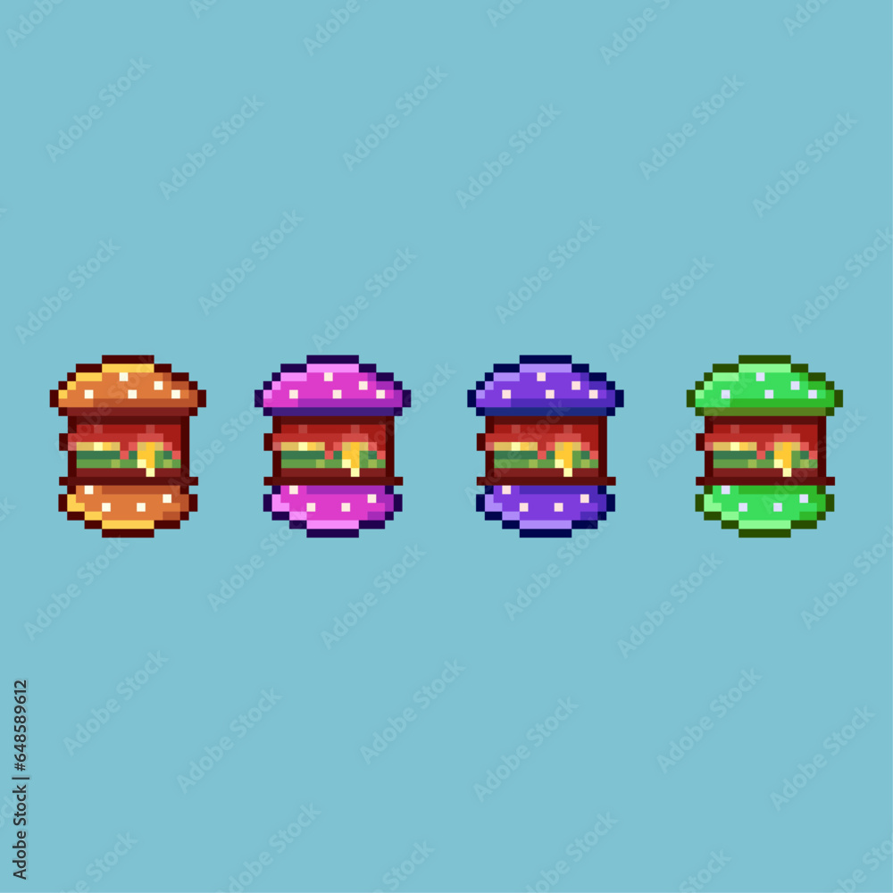 Poster pixel art sets of hamburger fast food with variation color items asset. simple bits of hamburger on 