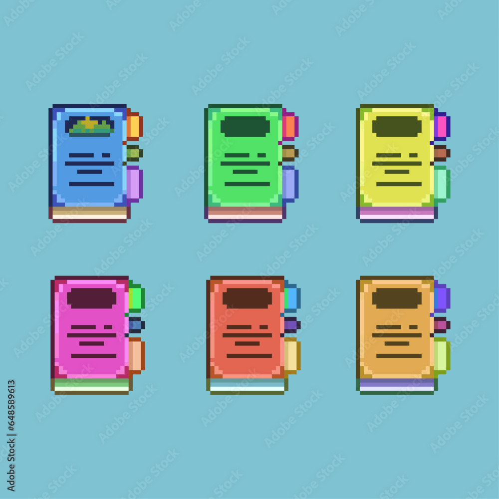 Fototapete pixel art sets of study book with variation color items asset. simple bits of books on pixelated sty