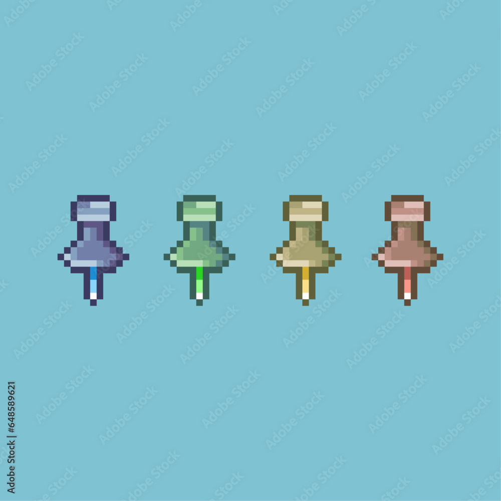 Poster pixel art sets of needle pin with variation color items asset. simple bits of needle pin on pixelate