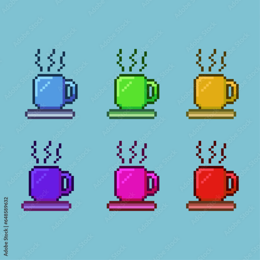 Poster pixel art sets of cup on the book with variation color items asset. simple bits of cup on pixelated 