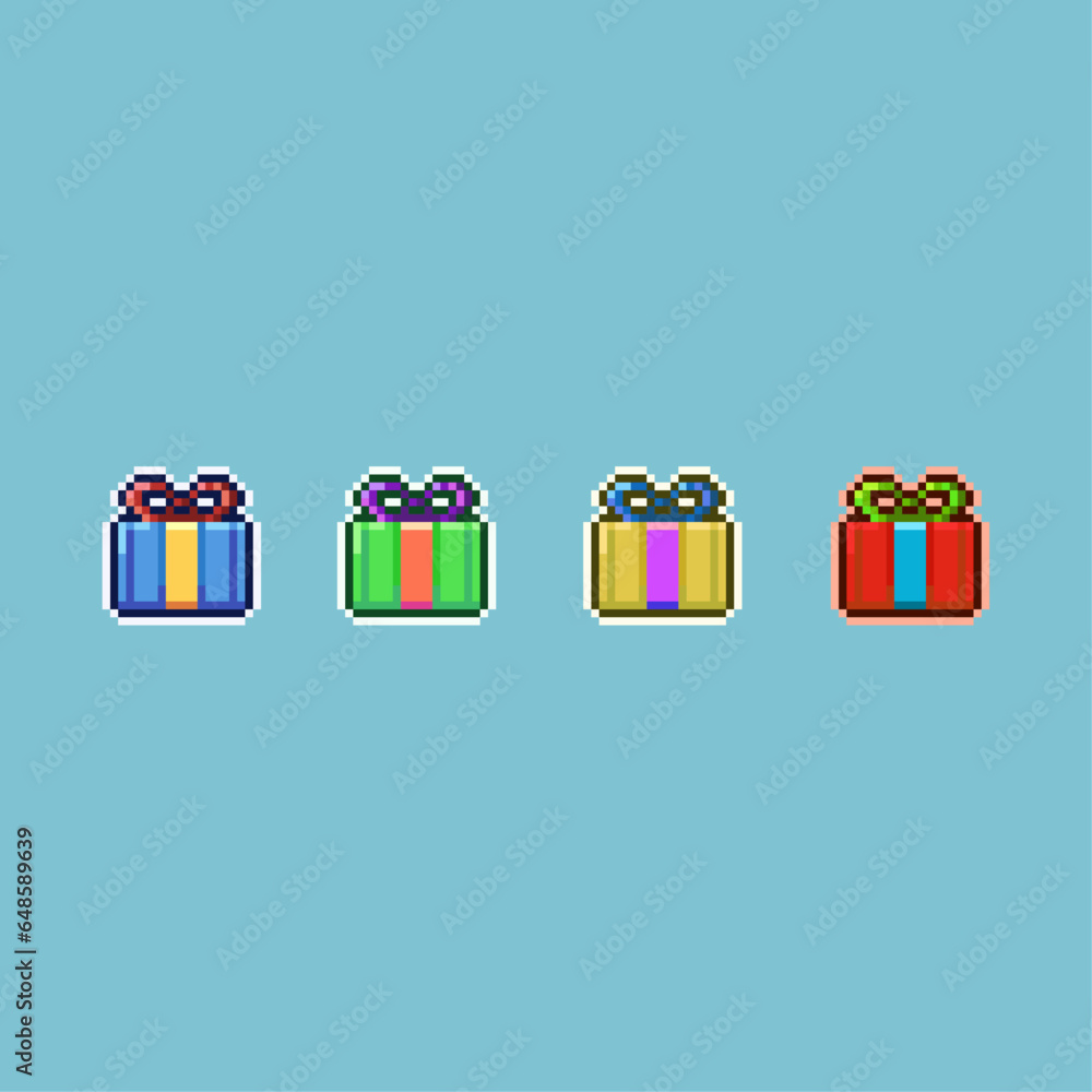 Poster pixel art sets of gift box with variation color items asset. simple bits of gift box on pixelated st
