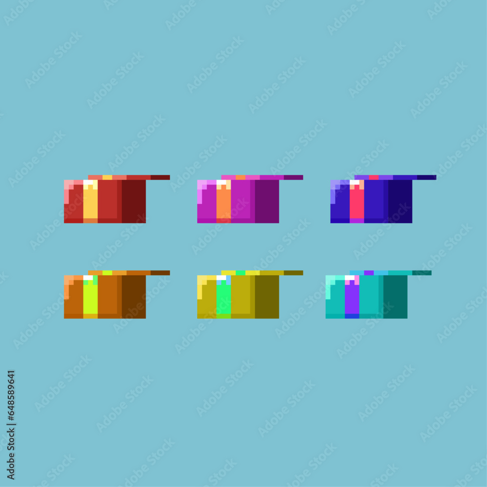 Poster pixel art sets of open gift box with variation color items asset. simple bits of gift box on pixelat
