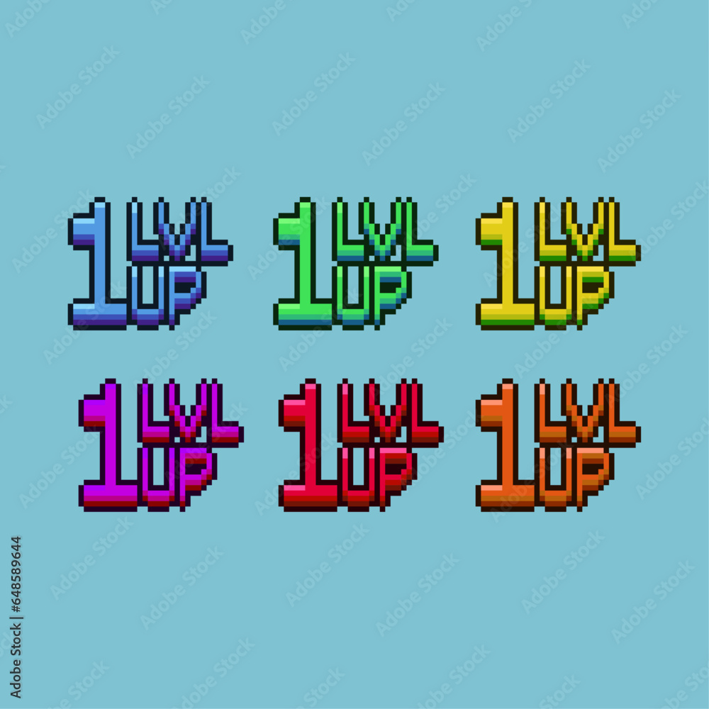 Fototapete pixel art sets of level up sign with variation color items asset. simple bits of level up on pixelat