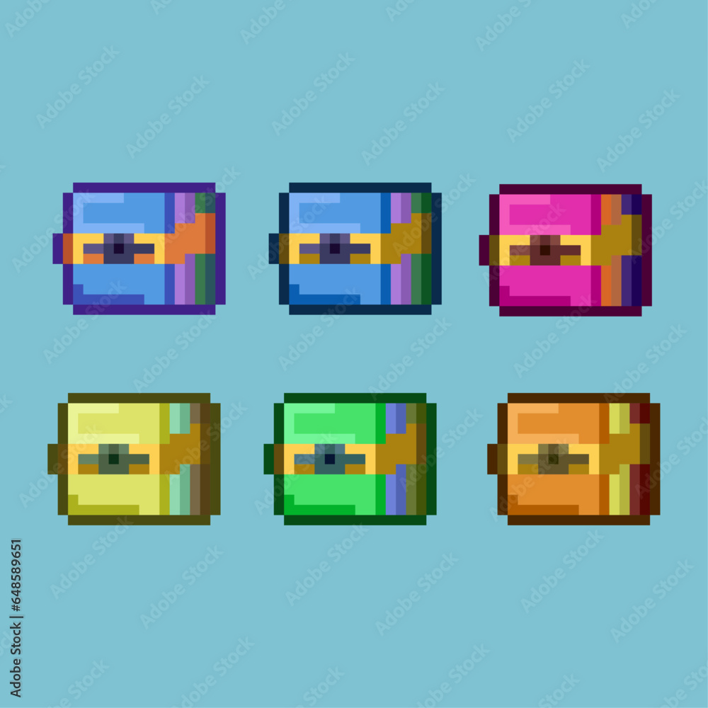 Poster pixel art sets of archive book with variation color items asset. simple bits of book on pixelated st