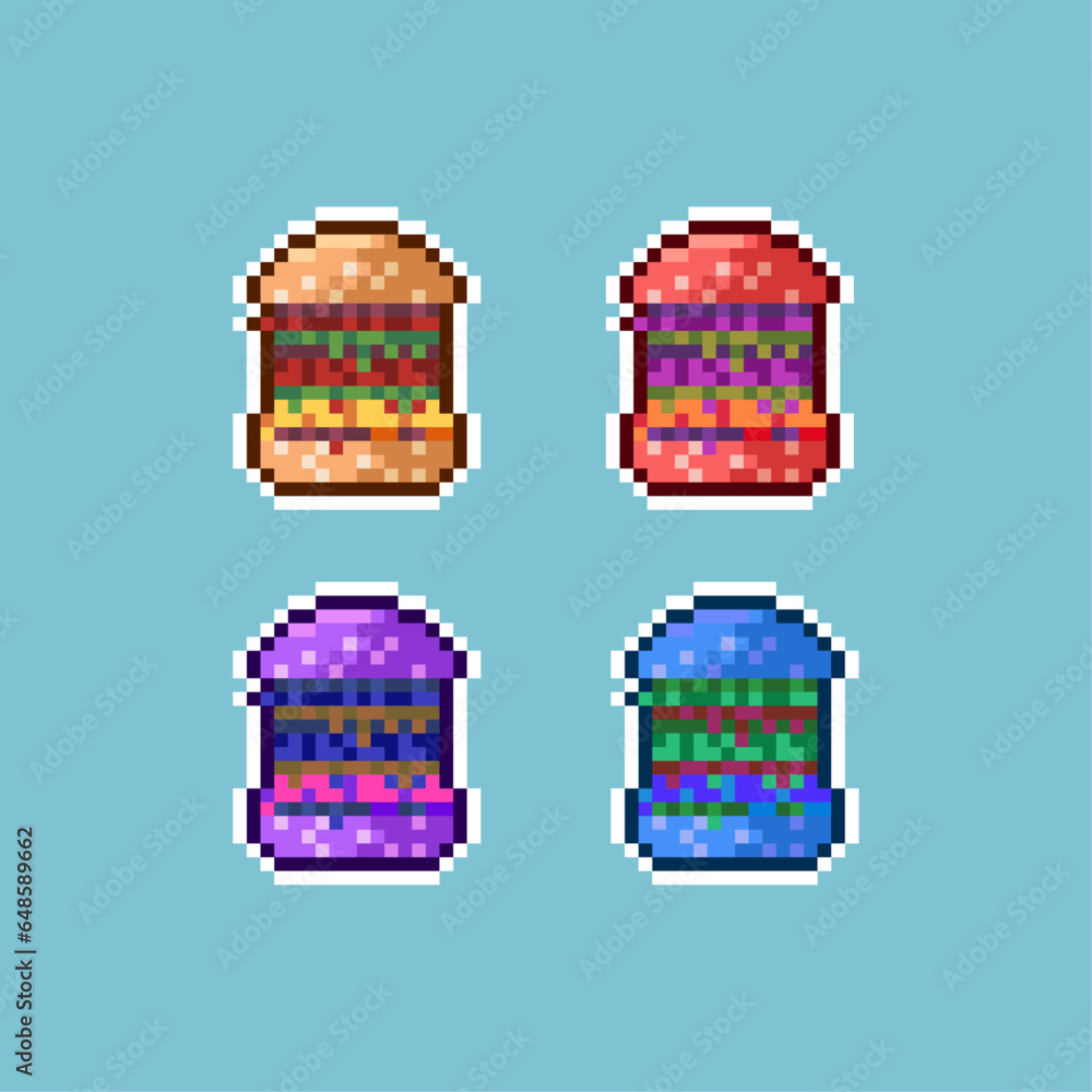Poster pixel art sets of hamburger fast food with variation color items asset. simple bits of hamburger on 