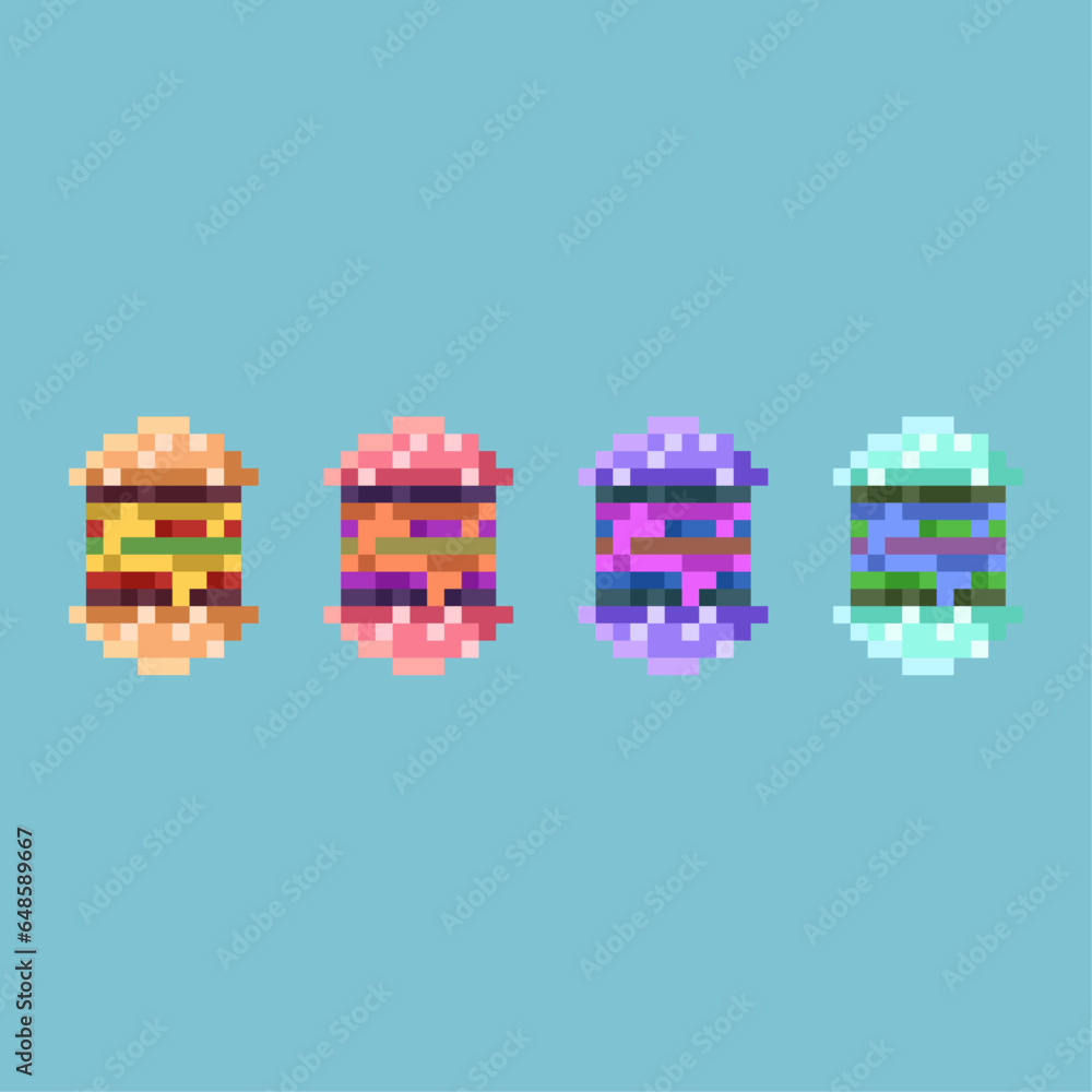 Poster pixel art sets of hamburger fast food with variation color items asset. simple bits of hamburger on 
