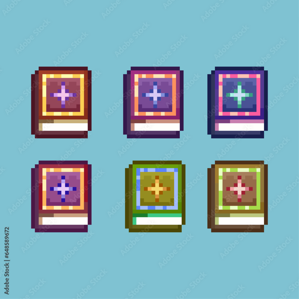 Poster pixel art sets of halloween magic book with variation color items asset. simple bits of magic book o