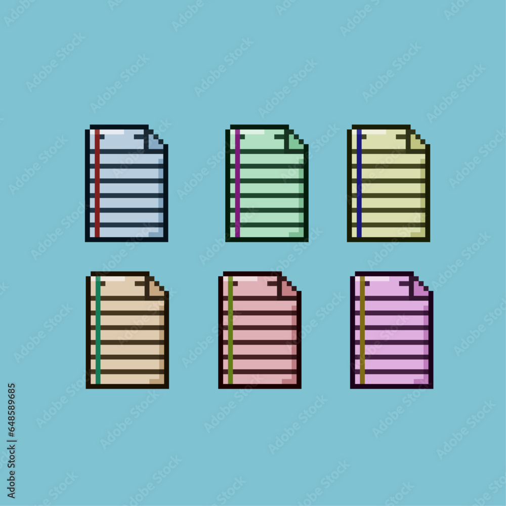 Fototapete pixel art sets of notepad paper with variation color items asset. simple bits of notepad on pixelate
