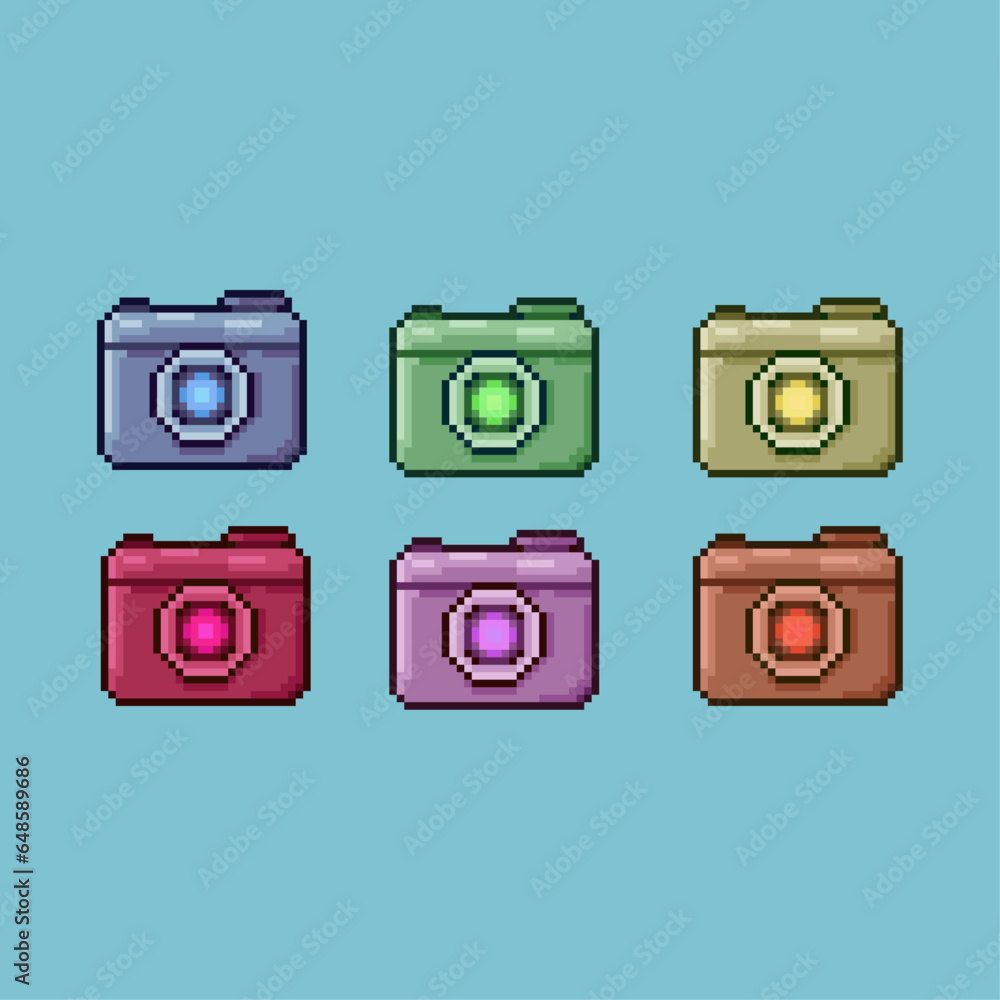 Poster pixel art sets of camera with variation color items asset. simple bits of camera on pixelated style.