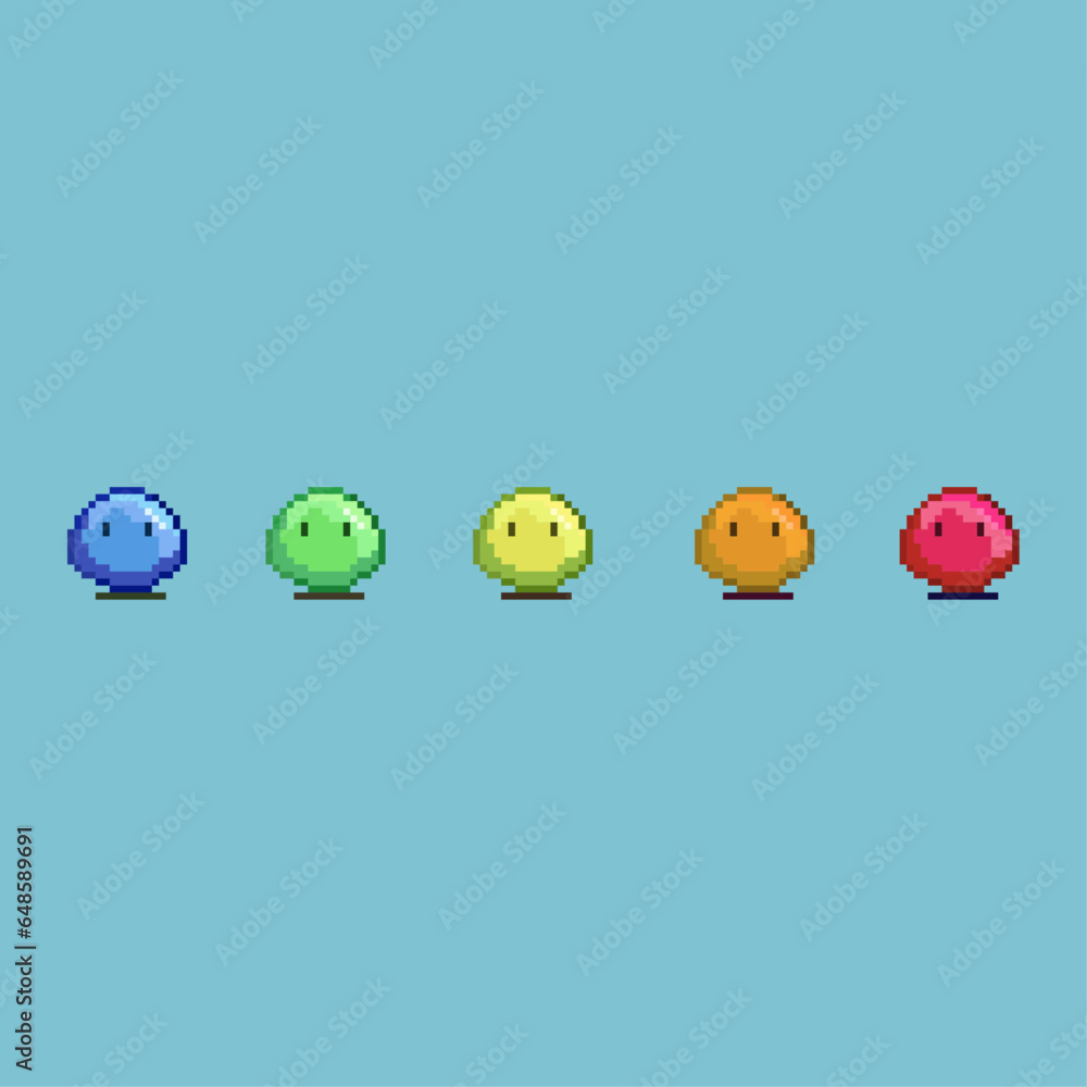 Poster pixel art sets of slime with variation color items asset. simple bits of round slime on pixelated st