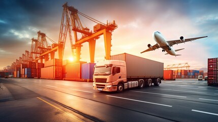 cargo plane, logistic import export background, goods truck with cargo containers in container yard, and concept of the transport industry