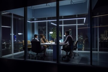 Business people having late night casual meeting at corporate office space