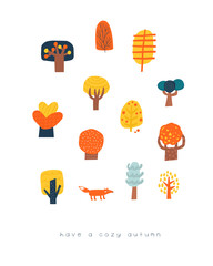 Autumn postcard with cute fox, forest.