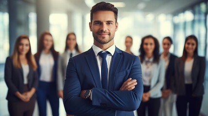 Standing in the office during a team meeting, a confident businessman leader smiles at the camera. Male corporate leader ceo executive manager standing for business. generative ai