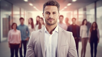 Fototapeta premium Standing in the office during a team meeting, a confident businessman leader smiles at the camera. Male corporate leader ceo executive manager standing for business. generative ai